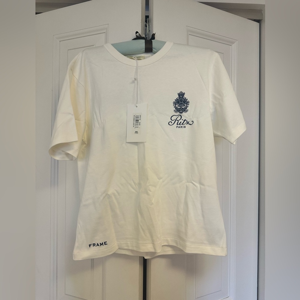 Frame x Ritz tshirt. NWT. Size Large. white and blue combo.